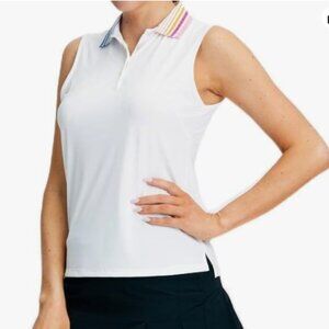 Women's White Sleeveless Polo Top with Striped Collar